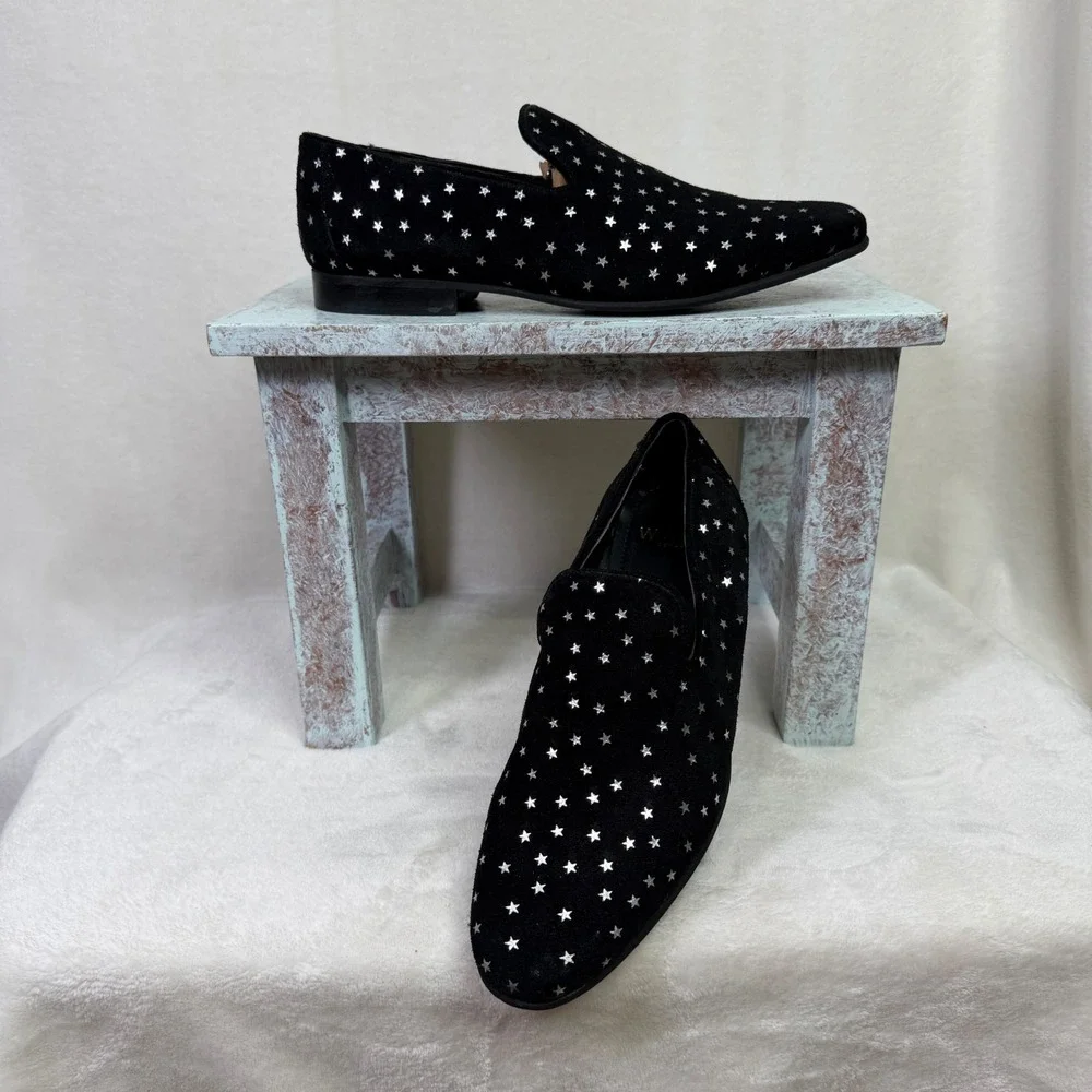 Walk London Loafers Mens 8 Black Suede Silver Star Print Slip On Dress Shoes